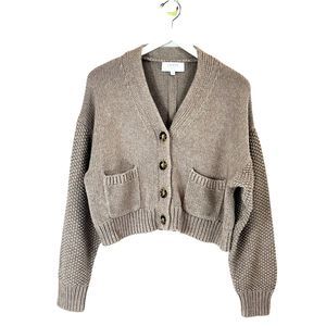 La Ligne Cardigan Sweater Womens XS Taupe V-Neck 3 Button Crop Cable Waffle Knit